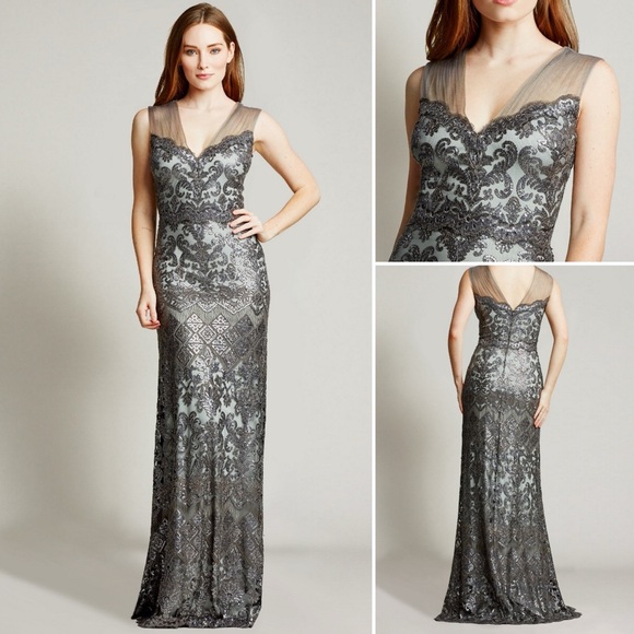 Tadisha Shoji Sayuri Embroidered Metallic Silver & Sequins Evening Gown - Size 4